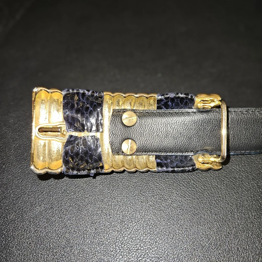 Vintage Women's Leather Shop Navy Blue Snakeskin Embellished Buckle Belt Size L